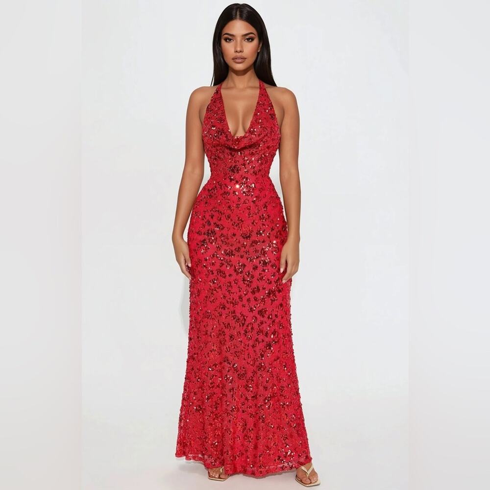 Fashion Nova Red Sequin Halter Maxi Dress